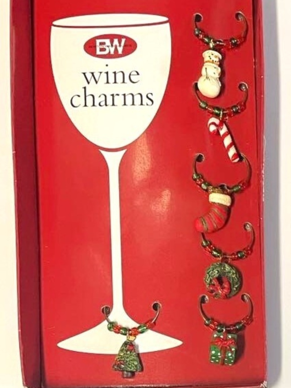 Boston Warehouse Set 6 Wine Glass Stem Charms Christmas Santa Wreath Present NEW